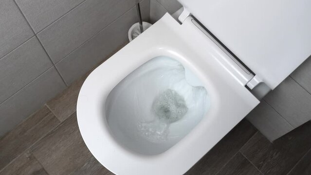 Flush toilet. Water flushes toilet. Flow of water is clearly visible. water in ceramic toilet. Retarded motion. Flow of water comes from mouth itself or beginning.