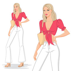 Vector fashion illustration of a beautiful young blonde woman in a summer outfit. Fashion model posing, isolated on white background.