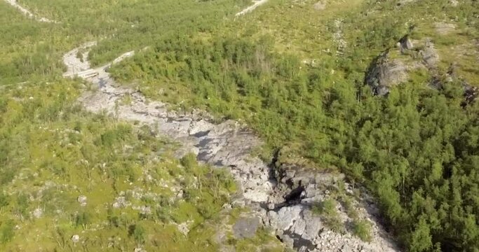 Aerial view of Galggojohka river on the E8 Nordlysveien road in summer when it&acute;s dried up, Storfjord, Troms og Finnmark, Norway. 