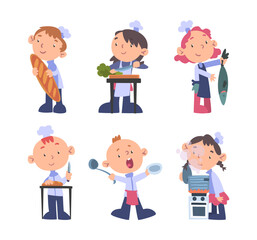 Little Boy and Girl Chef Character in Toque Cooking Food Vector Set