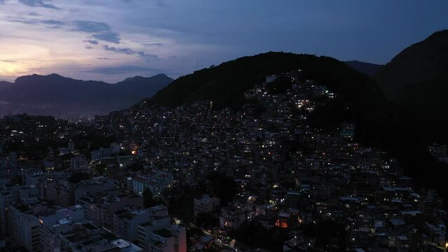 Cantagalo-Pavao-Pavaozinho Favelas at Evening Twilight. Blue Hour. Rio de Janeiro, Brazil. Aerial View. Orbiting
