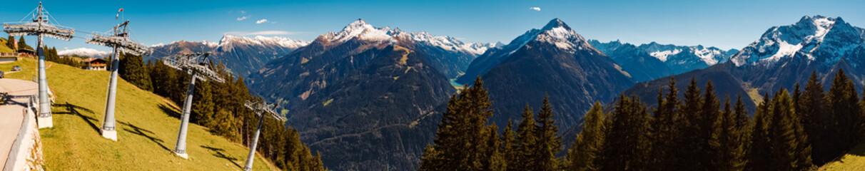 High resolution stitched panorama at the famous Penken summit, Zillertal valley, Mayrhofen, Tyrol, Austria