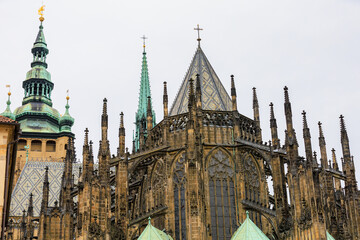 Fototapeta na wymiar View of the Gothic Catholic Cathedral of St. Vitus, Wenceslas and Vojtech in Prague Castle. Background