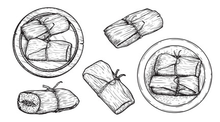 Hand drawn sketch style tamales set. Single and group. Traditional mexican food. Vector food collection. Isolated on white background.