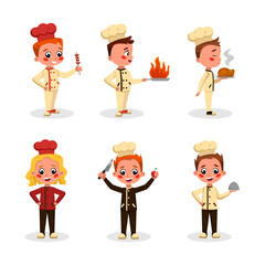 Little Boy and Girl Chef Character in Toque Cooking Food Vector Set