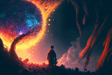 Person standing on a rock strewn landscape with a colourful moon on fire. Generative AI, this image is not based on any original image, character or person