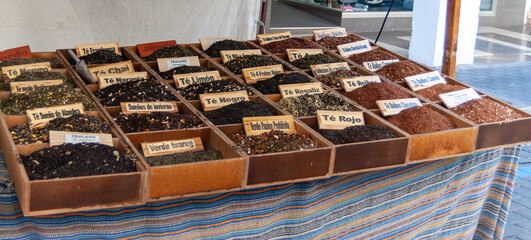 selection of different varieties of teas, exhibited in a street market