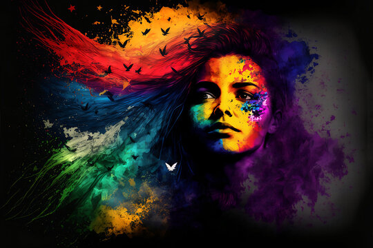 Abstract portrait of beautiful woman with colourful rainbow colours. Generative AI, this image is not based on any original image, character or person.