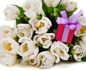 White tulips and gift.