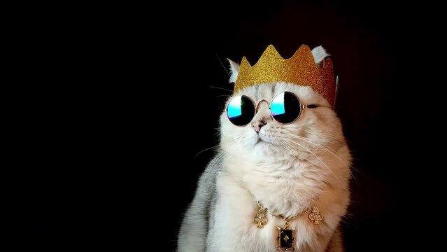 a white king cat wearing a golden crown sits on black background