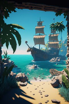 A pirate ship on the shores of beautiful beach whilst a bunch of thieves are in search of treasure.