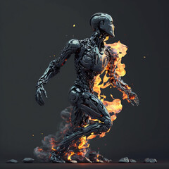 Running Scared Metal Robot Tries to Escape Deadly Flames Fire Smoke As He Falls Apart