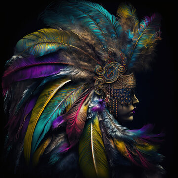 colored carnival feathers. Brazilian carnival. Big set of vector iconc. Design elements. mask. face painted for carnival © Gabi