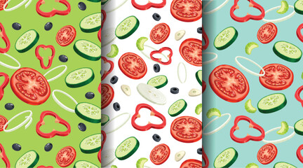 Sliced flying vegetables seamless patterns set. Salad ingredients on the green background collection. Tomato, cucumber, onion and olives. Vector illustration.