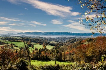 landscapes of the Piedmontese Langhe, its vineyards after the grape harvest to make wine. in the autumn of 2023 near Alba