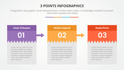 3 points or stages infographic concept with right direction and boxed information arrow for slide presentation
