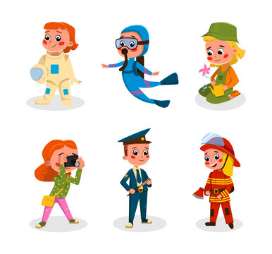 Cheerful Children Depicting Different Profession and Occupation Vector Set