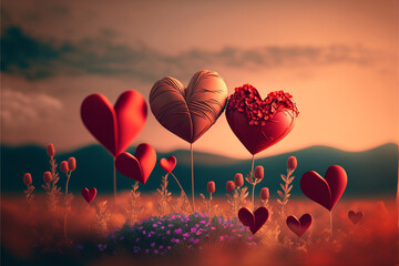 Valentine´s day background, colored hearts flowers, gifts, postcard, landscape, paper kraft,