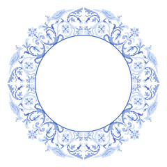 Round frame in folk style cross stitch with flowers and birds