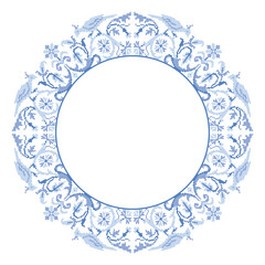 Round frame in folk style cross stitch with flowers and birds