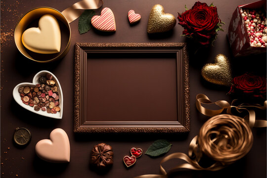 Valentine`s Day background. Frame made with rose flowers, gifts, chocolate, hearts, Valentines day greeting card concept. copy space