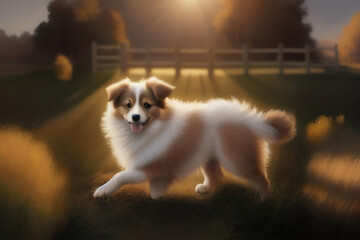 Illustration of young sable collie rough puppy, lassie dog, fluffy young puppy in the grass field, golden hour light, generative ai 