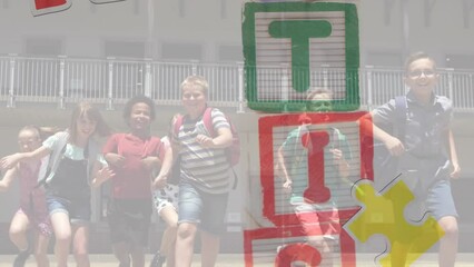Animation of puzzle and autism text over diverse schoolchildren running - Powered by Adobe