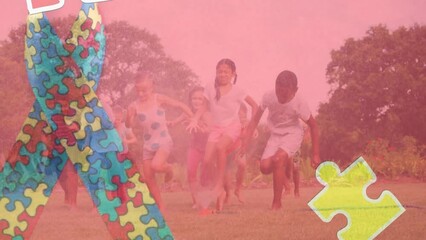 Animation of puzzle and ribbon over diverse schoolchildren running - Powered by Adobe