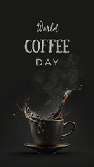 World coffee day, October 1. Coffee splash in cup. AI generative illustration, generated by AI.Black wallpaper for social media stories.