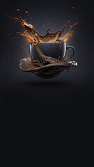 Fototapeta na wymiar Coffee splash in flying ceramic cup, black wallpaper for social media stories, copy-space, AI generative illustration, generated by AI.