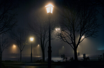 Street lamp illuminating foggy scene with winter branches.