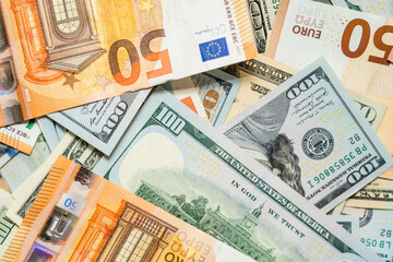 Background щf money pile dollar and euro bills