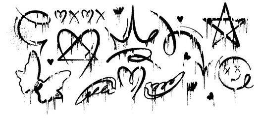 Black devil set, graffiti spray graphic. Dark collection of teen love symbols: heart, crown, arrow, splatter, stain, cool glam street art, spray texture. Grunge drip Isolated on white elements.