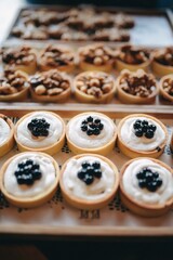 many different delicious desserts on the table in the cafe