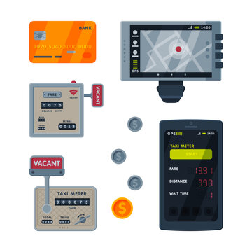 Taximeter as Car Cab Device for Fare Measurement Vector Set