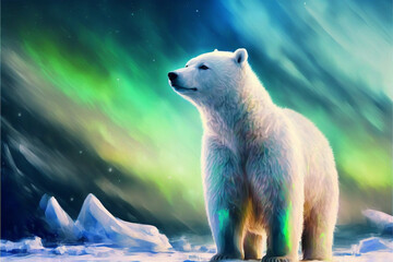 Naklejka na ściany i meble Polar bear cub in neon style, Generative AI