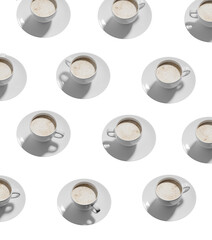 Pattern of coffee cups in isolated background, 3d rendering. Coffee culture cappuccino drinks, daily caffeine consumption