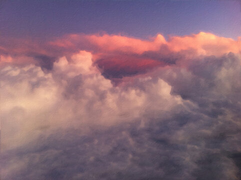 Flying through the clouds at sunset