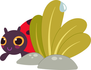 Cute cartoon ladybug beetle near grass flat icon