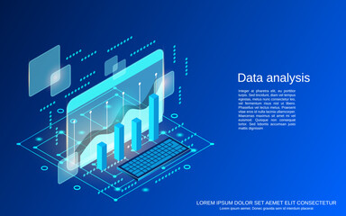 Business data analysis, information processing flat 3d isometric vector concept illustration