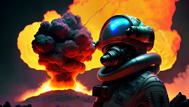 (4k) Futuristic austronaut in a nuclear landscape AI