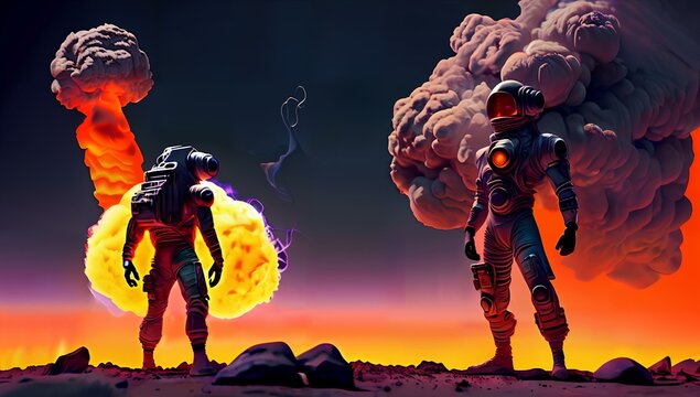 (4k) Futuristic austronaut in a nuclear landscape AI