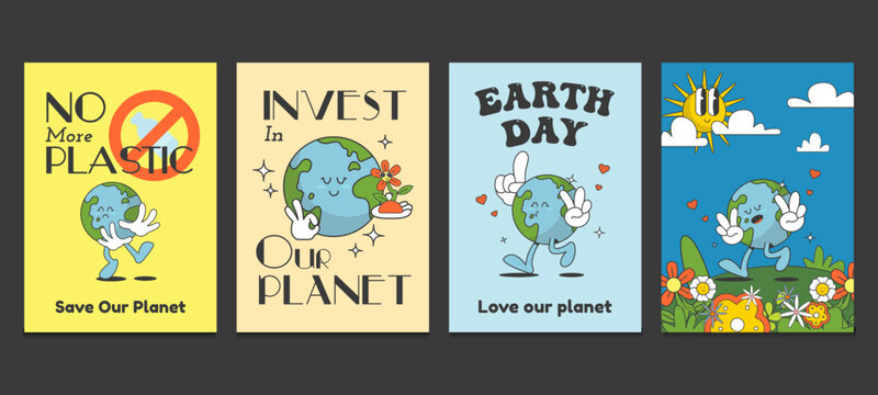 earth day posters in trendy retro cartoon style, groovy 70s posters. Vector illustration