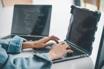 Female programmer working on coding, software development and web design.Concept technology...