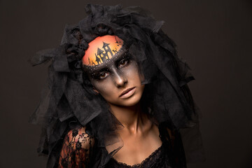 Halloween devil's bride with scary gothic makeup