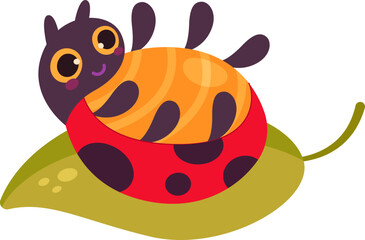 Cute cartoon ladybug beetle on leaf flat icon