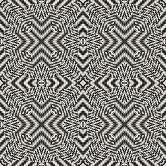 Vector geometric seamless pattern. Op art, optical illusion effect. Abstract black and white texture. Monochrome checkered ornament background. Retro style pattern. Trendy creative repeat geo design