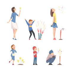 Fototapeta na wymiar Happy People Characters with Sparklers and Fireworks Celebrating Holiday Vector Set