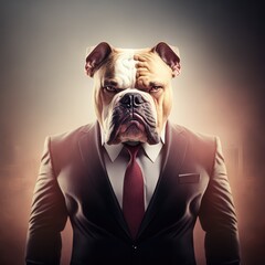 Portrait of a bulldog dressed in a formal business suit, generative ai