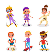 Happy Children Playing Sport and Doing Physical Activity Vector Set